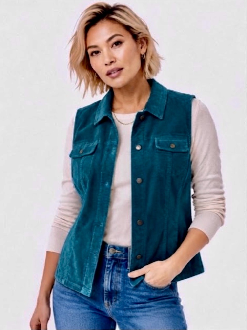 Denim & Co. Teal Corduroy Button Front Vest XL